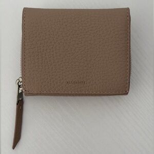 AllSaints Taupe Tan Genuine Leather Compact Wallet Zip Coin Pocket